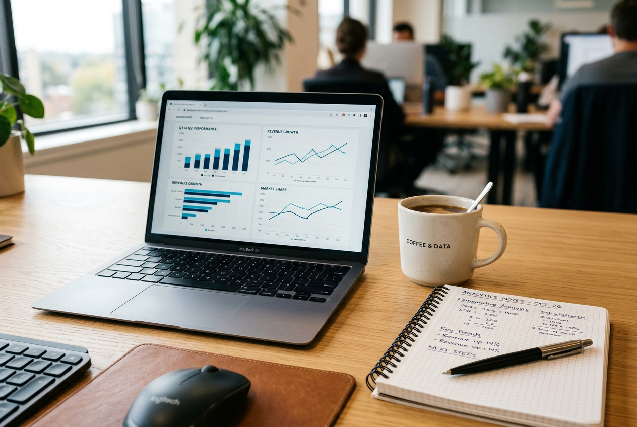 A professional analyst workspace with comparison charts