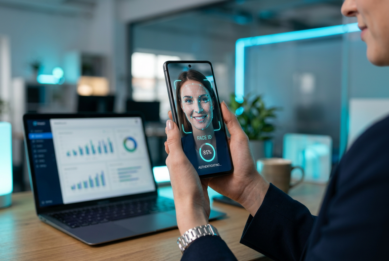 Biometric face scan on a smartphone for identity verification.