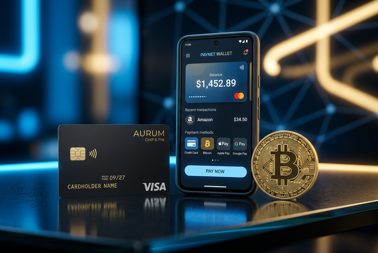 Modern digital payment tools and cryptocurrency coins on a reflective surface.