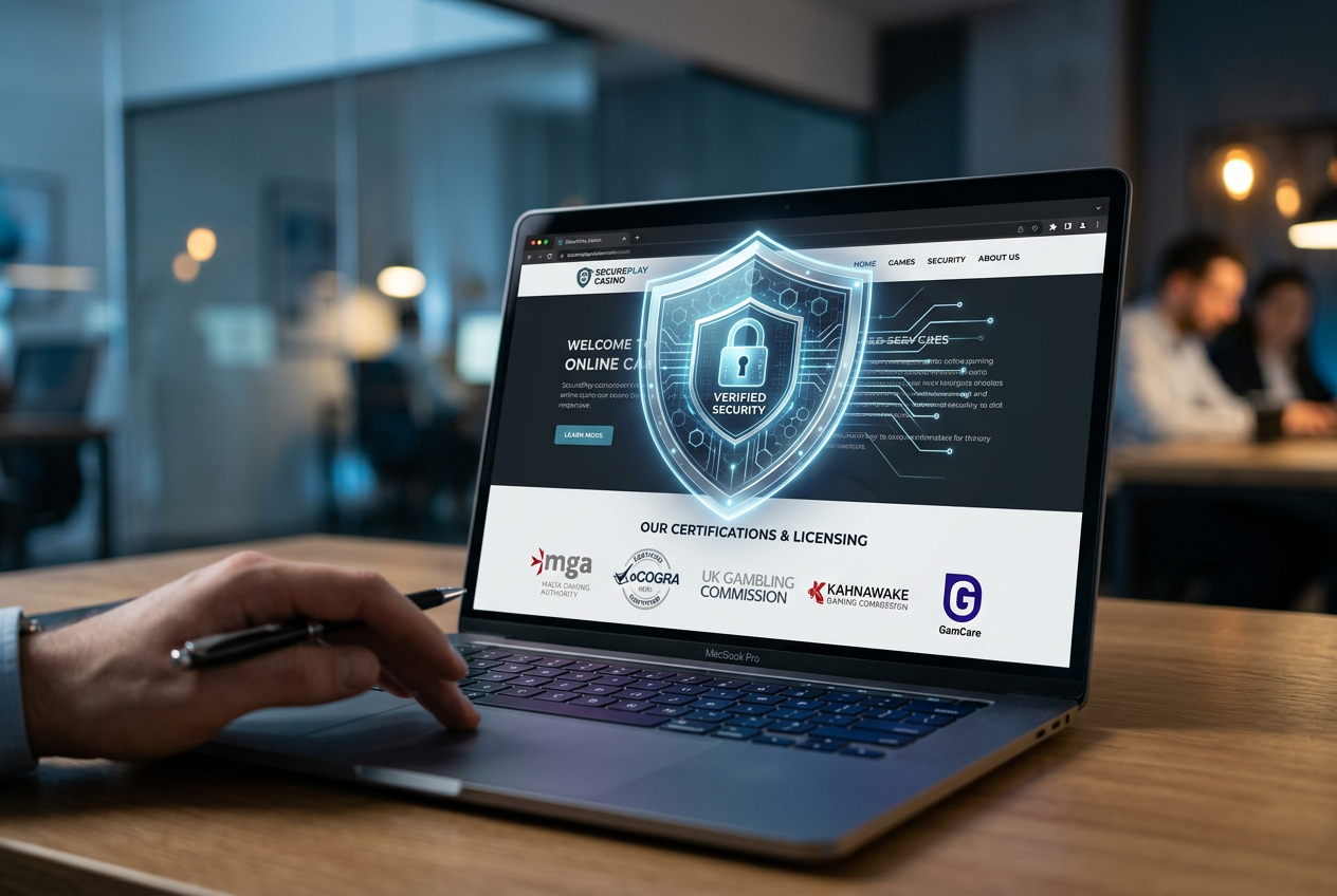 Grafika przedstawiająca weryfikację bezpieczeństwa i licencji kasyna online